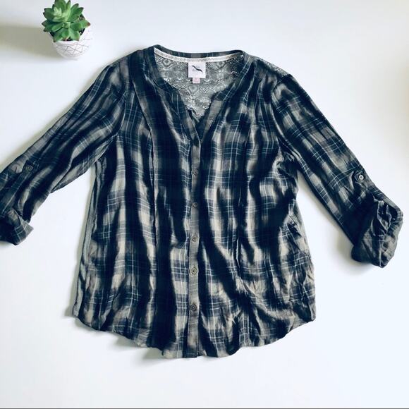 Knox Rose Women's M Button Down Plaid Lace Back Top Green Fall Boho - Picture 8 of 8